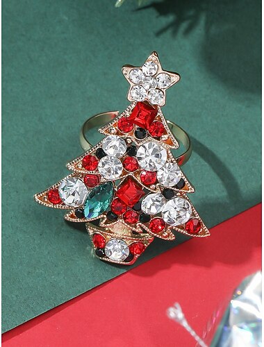  Anello da donna a forma di albero di Natale: materiali in lega e zirconia, design festivo con pietre rosse, verdi e trasparenti, perfetto per feste di Natale e regali