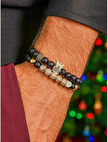  Weihnachtskronen-Perlenarmband-Set für Herren – stilvolle Perlenarmbänder in Schwarz und Roségold mit funkelnden Kristallakzenten – perfekter Weihnachtsschmuck für Männer