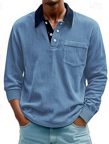  Herren Cordhemd Golfshirt Arbeit Lässig Revers Langarm Basic Modern Farbblock Knöpfe Fronttasche Frühling Herbst Normale Passform Schwarz Weiß Rote Marineblau Blau Orange Cordhemd