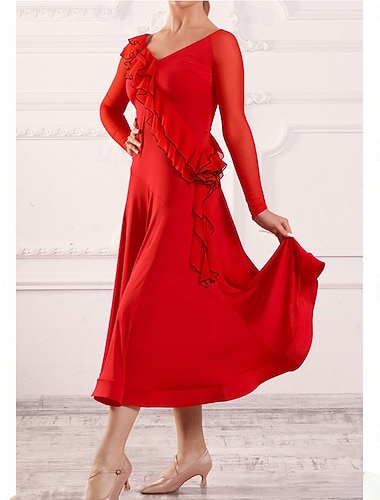  Dámské šaty na společenský tanec s volánky, dlouhým rukávem a jedním ramenem, na tango, valčík a latinskoamerické soutěžní vystoupení – červené