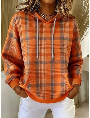  Dame Pullover hettegenser-genser Grafisk Geometrisk Ruter Varm Årgang Fritid Langermet Med hette Vanlige topper Gate Hverdag Avslappet Lapper Trykt mønster Lomme foran Rødbrun Oransje Brun Vår Høst