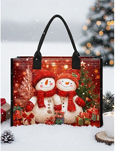  Weihnachts-Einkaufstasche für Damen mit Schneemann-Aufdruck, große Schultertasche aus Segeltuch, Einkaufshandtasche für Winterferiengeschenke für Damen