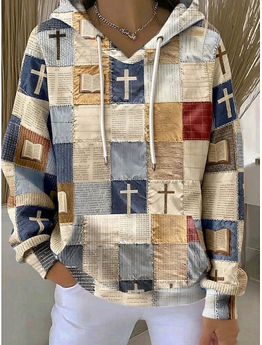  Жен. Толстовка с капюшоном и пуловером Графика Геометрический принт Теплый Винтаж На каждый день Длинный рукав Капюшон Обычные топы Для улицы На каждый день Повседневные С принтом Бежевый Осень Зима