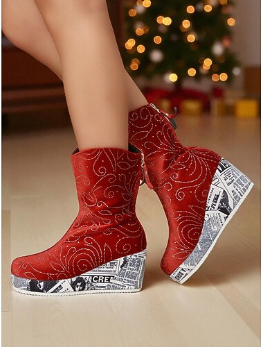  Rode fluwelen enkellaarsjes met sleehak voor dames met glittersteentjes en bedrukte zool, modieuze winterfeestschoenen voor Kerstmis &avondje uit