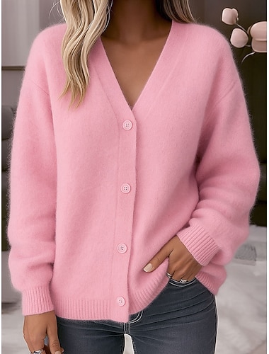  Per donna Cardigan Elegante Carino Casual Tinta unica Scollo a V Bottoni Manica Lunga Top Regolari Maglia Quotidiano Data Weekend Bianco Rosa Autunno
