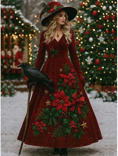  クリスマス レディース ミディドレス Aラインドレス バケーション カジュアル パーティ イブニング パーティ ホリデー レギュラー フィット グラフィック クローズ ロングスリーブ Vネック ホワイト ワイン グレー 春 秋 冬