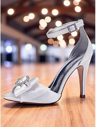  Sandale damă cu toc înalt din satin violet și cataramă cu strasuri &tocuri elegante cu fundă, cu vârful deschis și bareta la gleznă, pentru cocktailuri &evenimente de seară