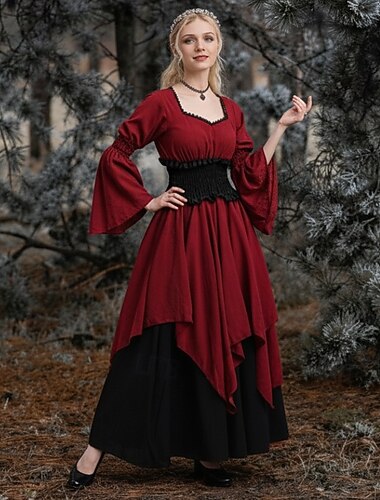  Retrò Vintage Vittoriano Medievale Vestito Soprabito Manica del polsino svasato Manica a Balze Manica a tromba Signora Vichingo Irlandese Collo quadrato Costume Per donna Halloween Mascherata Casual