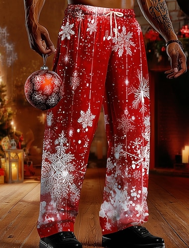  Vánoce Pánské Sněhová vločka Kalhoty Kalhoty pro volný čas Středně vysoký pas Stahovací šňůrka v pase Na běžné nošení Venkovní Dovolená Rovné kalhoty Jaro Podzim 3D tisk Rubínově červená