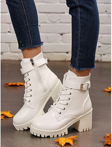  Botas femininas brancas de salto grosso com cadarço, botas de combate estilosas de salto alto com fivela ajustável, calçados modernos para ocasiões casuais e ao ar livre