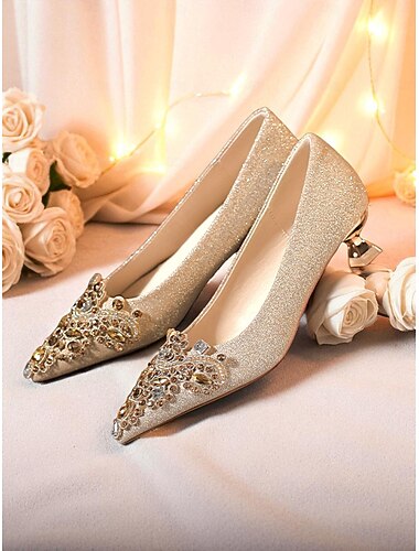  décolleté da donna con tacco basso, punta affilata e glitter oro con strass &abbellimenti di gemme, scarpe eleganti per feste, matrimoni &eventi formali