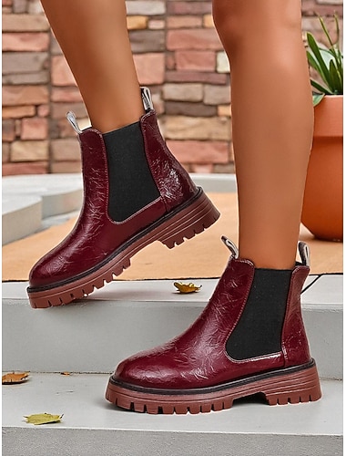  Burgunderrote Chelsea-Stiefel aus Kunstleder für Damen mit elastischen Seitenteilen und rutschfester Sohle, stylische Stiefeletten für den Herbst, Winter und den Alltag