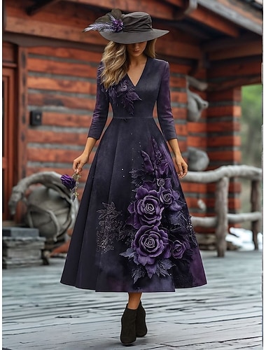 Damen Midi Kleid Sommerkleid A-Linie Kleid Halter Kleid Urlaub Lässig Hochzeit Party Geburtstag Regelmäßige Passform Floral Grafik 3/4 Länge Ärmel V-Ausschnitt Burgunder Lila Grün Frühling Herbst   Damen Midi Kleid Sommerkleid A-Linie Kleid Halter Kleid Urlaub Lässig Hochzeit Party Geburtstag Regelmäßige Passform Floral Grafik 3/4 Länge Ärmel V-Ausschnitt Burgunder Lila Grün Frühling Herbst