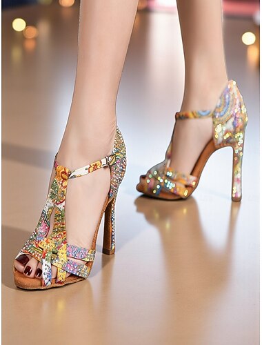  Sapatos de dança de salto alto peep-toe com lantejoulas multicoloridas para mulheres, festa gatsby glamorosa &sandálias de salão para eventos formais