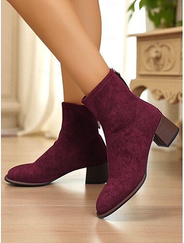  Damestøvletter i burgunderfarget semsket skinn med blokkhæl – retro, elegant vintersko for damer, hverdags- og semiformelle antrekk