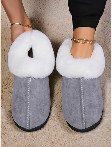  Pantufas femininas forradas com lã quente e gola de pele sintética, calçados confortáveis e antiderrapantes para ambientes internos, pantufas de inverno estilosas para mulheres &conforto de férias