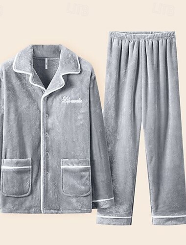  Homme Vêtements de Nuit Ensemble Pyjama Haut de pyjama et pantalon 1 ensemble Uni Mode Élégant Classique Maison Quotidien Lit Polaire Polyester Chaleur Thermique Confort Doux Revers manche longue