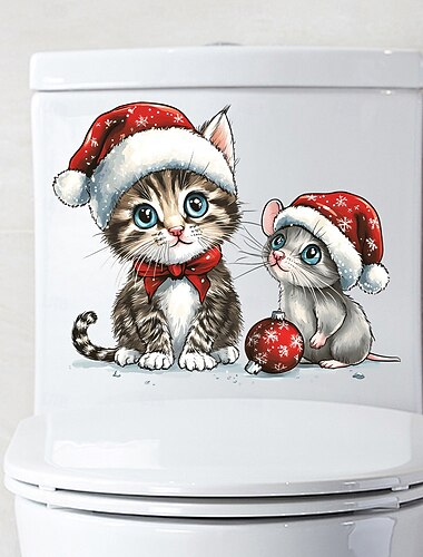  Naklejki na toaletę z motywem uroczego kota i myszy w czapce Mikołaja, wodoodporne naklejki na deskę sedesową i dekoracje ścienne do wystroju domu na święta