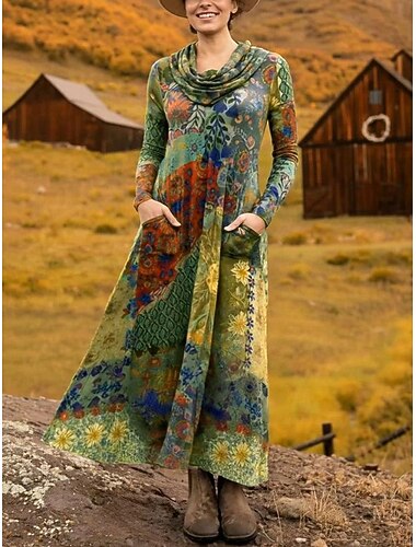  Dame Midikjole Tubekjole Kjole med A-linje Fit And Flare Dress Ferie Fest Fritid Kontor Daglig Stevnemøte Normal Blomstret Grafisk Langermet Cowl-hals Lilla Brun Grønn Vår Høst Vinter