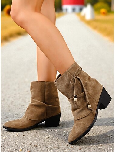  Damesko i kaffefarget, løse støvletter med blokkhæl, ankelstøvletter i westernstil, perfekte for høstantrekk, turer utendørs og hverdagsbruk