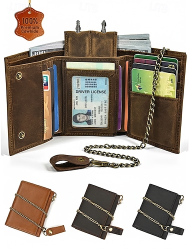 Portafoglio da uomo in vera pelle con portachiavi e catena, porta carte bifold vintage, portamonete multifunzionale per l'uso quotidiano e i viaggi   Portafoglio da uomo in vera pelle con portachiavi e catena, porta carte bifold vintage, portamonete multifunzionale per l'uso quotidiano e i viaggi