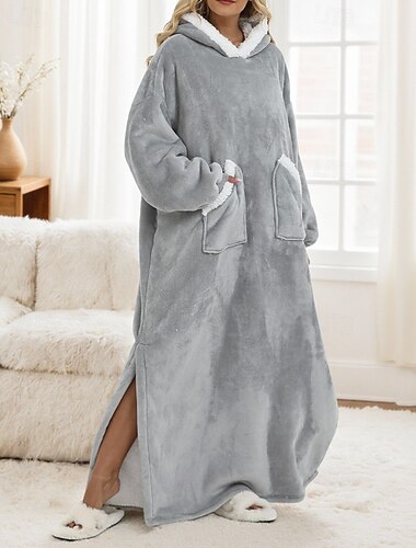  Γυναικεία Πυτζάμες Σαλόνια Φανέλα Ζεστό Μοντέρνα Μονόχρωμες Τσέπη Διακοπές Σπίτι Καθημερινά Μακρυμάνικο ΦΟΥΤΕΡ με ΚΟΥΚΟΥΛΑ Ανοιχτό Γκρι Φθινόπωρο Χειμώνας Χαλαρή Εφαρμογή