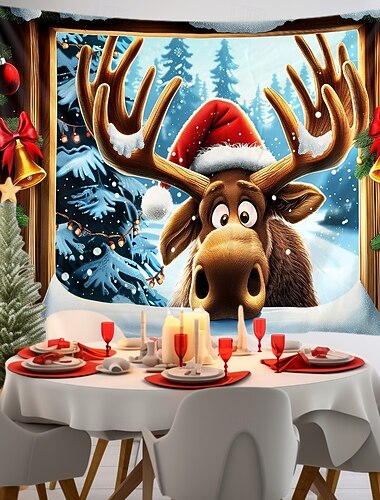 Tapisserie murale de Noël avec un joli renne regardant par la fenêtre, scène de neige hivernale, décoration murale de Noël, couverture, rideau, maison, chambre à coucher, salon, décoration festive   Tapisserie murale de Noël avec un joli renne regardant par la fenêtre, scène de neige hivernale, décoration murale de Noël, couverture, rideau, maison, chambre à coucher, salon, décoration festive
