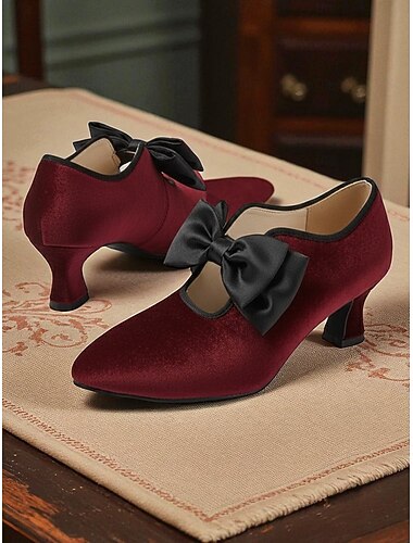  Women's Black Velvet Kitten Heel Shoes with Black Bow - Vintage Victorian Style Dress Pumps for Ladies, Perfect for Weddings, Gatsby Parties & Formal Evening Outfits