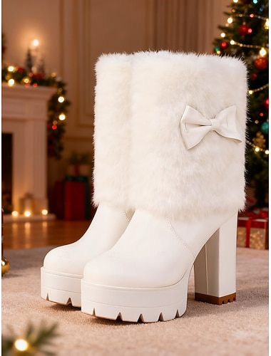  レディース ホワイト フェイクファー プラットフォーム アンクルブーツ、リボンディテール、ブロックヒール - ホリデーや冬にぴったりのクリスマスパーティーブーツ