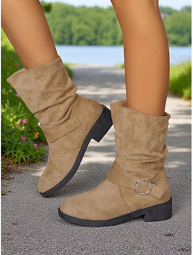  stivali da equitazione casual da donna in finta pelle scamosciata color cachi con design ampio e fibbia ad anello laterale, comodi stivali da equitazione con tacco basso per l'abbigliamento outdoor