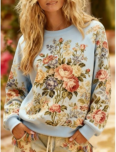 نسائي Pullover بلوزات ورد موضة أناقة الشارع كلاسيكي كم طويل رقبة عالية مدورة رقبة دائرية قمصان عادية مناسب للبس اليومي فضفاض طباعة أزرق الربيع الخريف   نسائي Pullover بلوزات ورد موضة أناقة الشارع كلاسيكي كم طويل رقبة عالية مدورة رقبة دائرية قمصان عادية مناسب للبس اليومي فضفاض طباعة أزرق الربيع الخريف