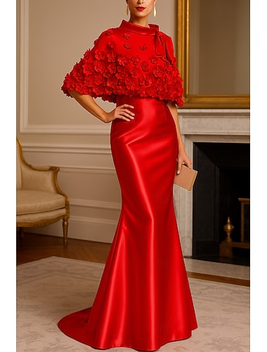  Trumpetti / merenneito Kokopitkä Tanssiaispuku viitalla Iltapuku Muodollinen mekko Tyylikäs Silkkinen Lyhythihainen Venekaula-aukko Muodollinen Häät Viitat Satiini kanssa Shaali