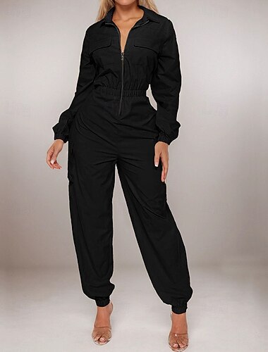 Damen Overall Aktiv Einfarbig Langarm Cargo-Hosen Hemdkragen Reißverschluss Tasche Urlaub Täglich Normale Passform Schwarz Aprikose Frühling   Damen Overall Aktiv Einfarbig Langarm Cargo-Hosen Hemdkragen Reißverschluss Tasche Urlaub Täglich Normale Passform Schwarz Aprikose Frühling