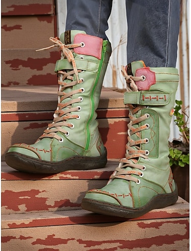  Женские полусапожки из натуральной кожи со шнуровкой, боковой молнией и цветной строчкой, винтажные повседневные модные ботинки для зимних образов &верхняя одежда