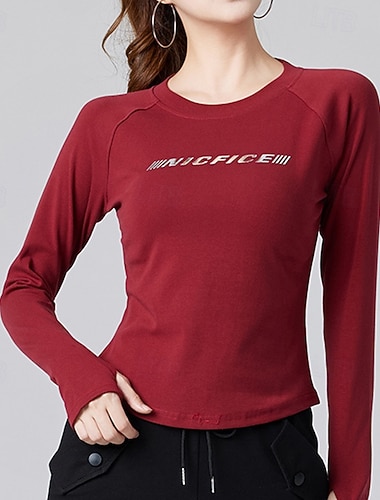  Dame T-skjorte til jogging Gymskjorte Sportstopp Langermet Topper treningsklær Høst Ensfarget Bomull Myk Varm Pustende Treningsstudio Vandring Trene Sports Sportsklær Vinrød Svart Hvit