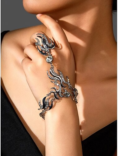  Conjunto de pulsera y anillo con cadena de mano con diamantes de imitación dorados para mujer, joyería de lujo con diseño de llamas de cristal, perfecto para fiestas y galas. &eventos nocturnos