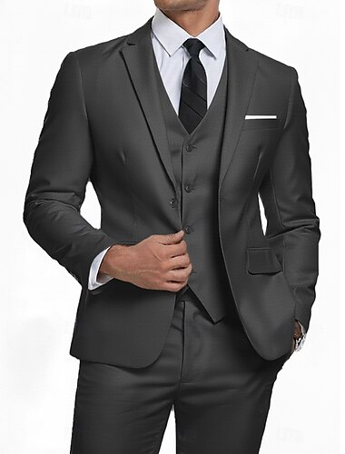  Herren Business-Anzüge Lässig Party Schwarz Burgunderrot Frühling, Herbst, Winter, Sommer Anzug Gekerbtes Revers Täglich Geschäftlich Einfarbig Standard Passform 3-teilig Einreihige Zwei-Knopf-Jacke