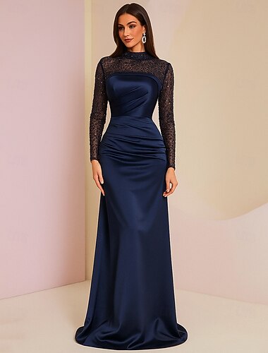  A-linje Golvlång Formell klädsel Aftonklänning Klänning med overkjol Långärmad Hög hals Elegant Vintage Glitter och glans Elastan Italienskt satintyg Polyester Klänning till brudens mor med Paljett