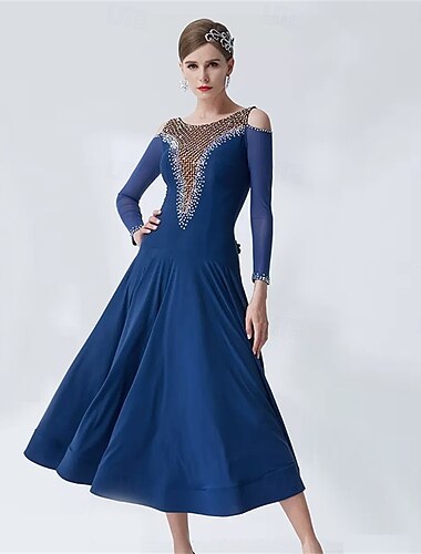  Dameballroomdanskjole med strass-nett, kald skulder, lange ermer, vals-tango, konkurranseopptredenskjole, elegant, flagrende skjørt – marineblå