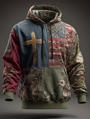  Men's American US Flag Cross Hoodie Sweatshirt Fashion Plaid Casual Long Sleeve Crew Neck Hooded Outdoor Office Streetwear Blue Green Drawstring Graphic Fall Winter Designer S M L XL XXL XXXL