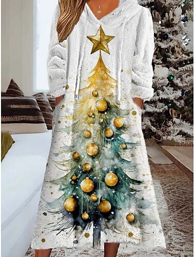  Julekvinners Juletre Snøfnugg Midi Kjole Sweater Kjole Shift Kjole Atletisk Kjole Fest Avslappet Boho Utendørs Hjem Løst Passform Grafisk Bjelle Langermet Hettebukse Blå Gull Grønn