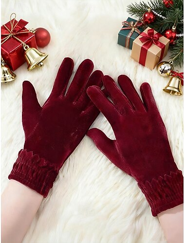  Guantes navideños de terciopelo para mujer: gruesos y cálidos, suaves al tacto, perfectos para regalos navideños y moda invernal.