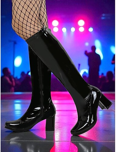  Zilveren lakleren knielaarzen met blokhak voor dames, retro go-go-stijl uit de jaren 80 voor feesten en dansvoorstellingen &avondje uit