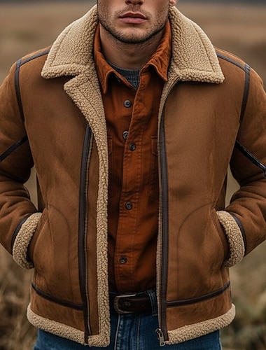  رجالي سترة من جلد الغزال الصناعي سترة الصوف سترة شيربا سترة من جلد الغزال البني فضفاض كاجوال / يومي جاكيت ضد الرياح بقع جيب الشتاء لون الصلبة عتيق موضة قبعة القميص عادية أسود بني جاكتس