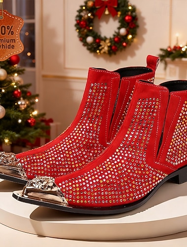 Røde skinnstøvler til herre med strassdetaljer og sølvfarget tåhette – elegante og stilige til julebord og høytidsfeiringer   Røde skinnstøvler til herre med strassdetaljer og sølvfarget tåhette – elegante og stilige til julebord og høytidsfeiringer