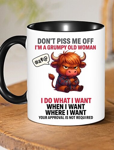  面白いギフトマグ、ハイランド牛のコーヒーマグ、私を怒らせないで、漫画の動物、11オンスのセラミックカップ、不機嫌な老婆、誕生日プレゼント、皮肉なユーモア、お母さん、奥さん、または友人へのプレゼント