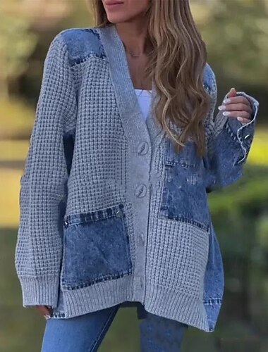  Női Pulóver Kardigán Utcai sikk Alkalmi Tömör szín V-alakú Kollázs Zseb Gombok Hosszú ujj Normál felsők Kötött Napi Szabadság Alkalmi Fekete Fehér Ősz Tél