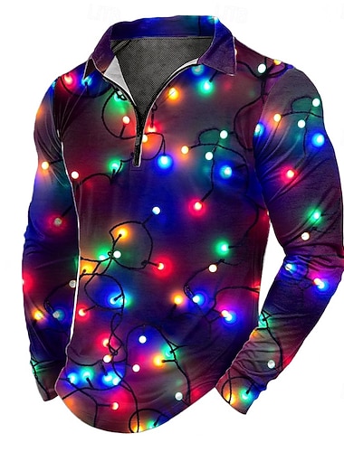  Weihnachten Herren Laternen Poloshirts mit Reißverschluss Langarm Polo-Shirts Revers Lässig Outdoor Ferien Festival-Outfit 3D-Druck Frühling Herbst Winter Rote Blau Grün