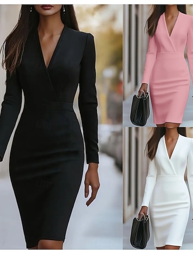  Жен. Мини-платье Платье-футляр Полуформальные платья Офис Стандартный Полотняное плетение Длинный рукав V-образный вырез Черный Белый Розовый Весна Осень