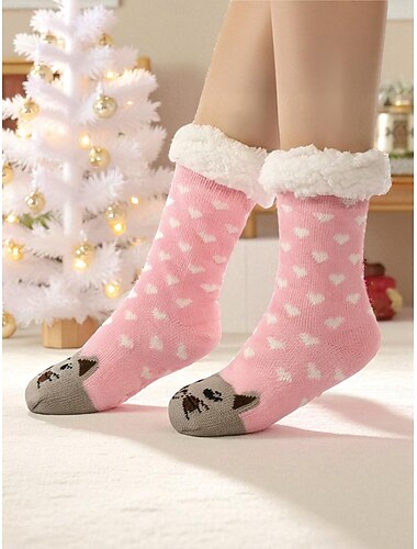  Dames kerst gebreide sokken met rood rendier en sneeuwvlokpatroon, warme winterpantoffels met zachte voering als cadeau voor de feestdagen &huiskleding